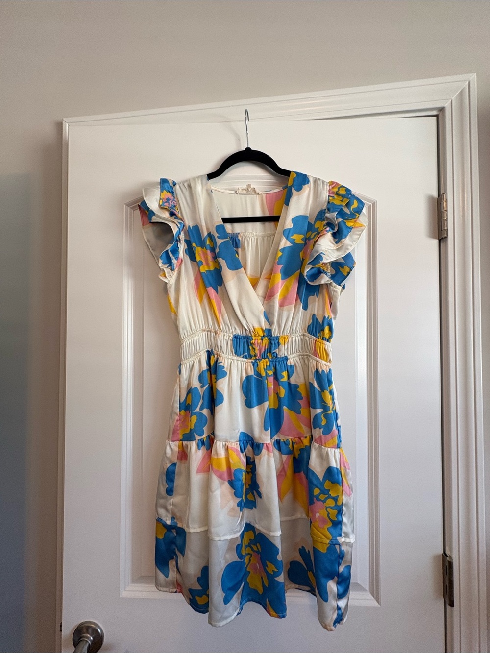 entro Colorblock V-Neck Summer Dress in White, Pink & Yellow